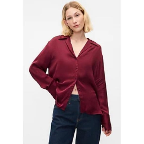 GAP Tops - GAP Relaxed Satin Shirt Red Burgundy Sz XXL plus Holiday Party Career Blouse Top